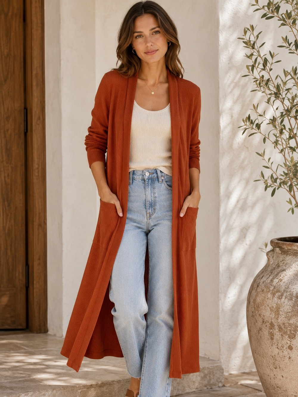 Whimsy + Row Frances Rust Ribbed Long Duster Cardigan Modal Sz Small